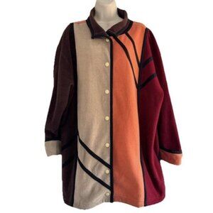 Susan Graver Style Women's Sz 1X Orange Brown Red Color Block Fleece Snap Jacket